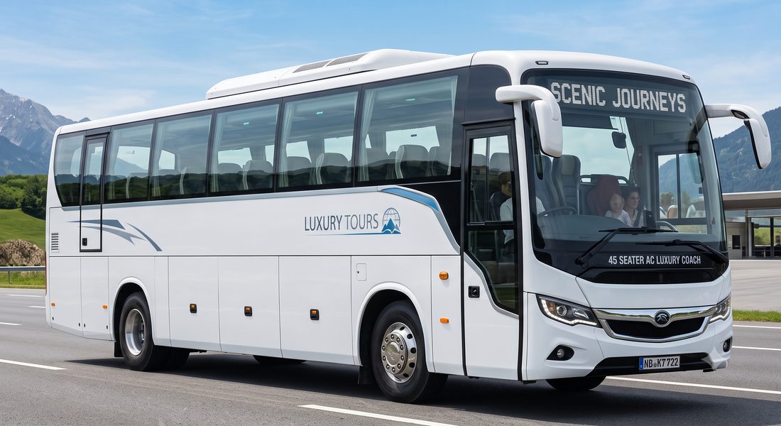 White 45-seater AC luxury tourist coach bus