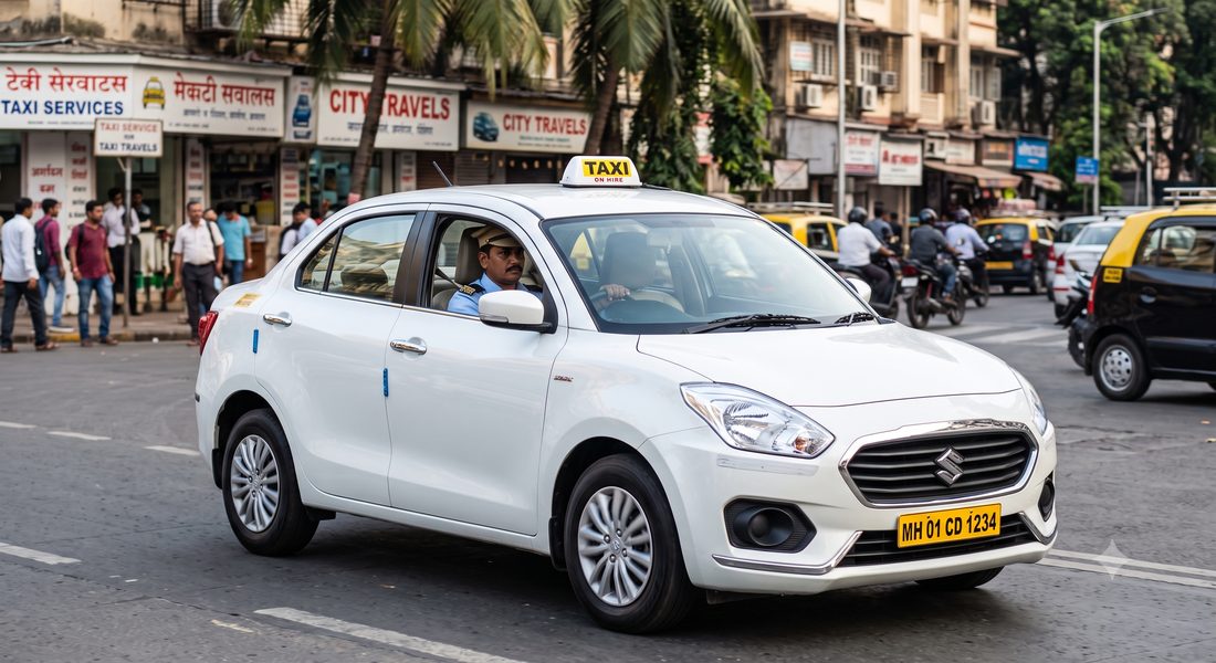 White Swift Dzire sedan taxi, chauffeur driven