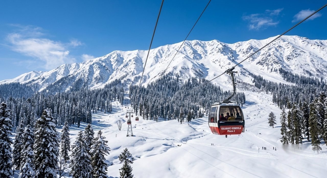 Gulmarg Gondola over snow-covered mountains