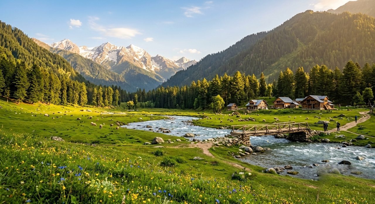 Pahalgam green valley with river and mountains
