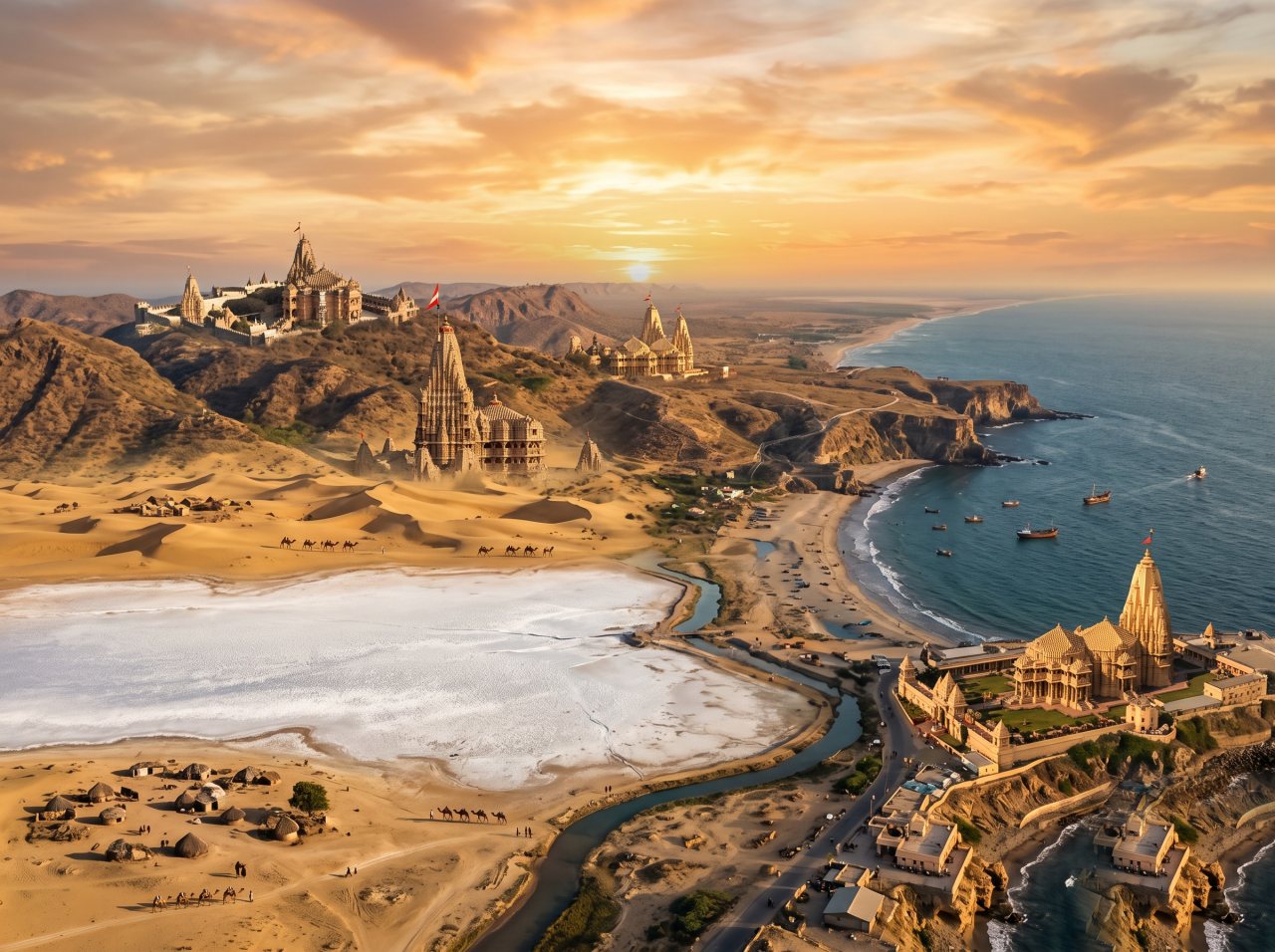 Coastal temples of Gujarat at sunset